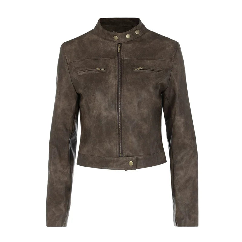 Wcoumq | American Retro Distressed Brown Short PU Leather Jacket for Women – Versatile Hot Girl Spring Stand Collar Style