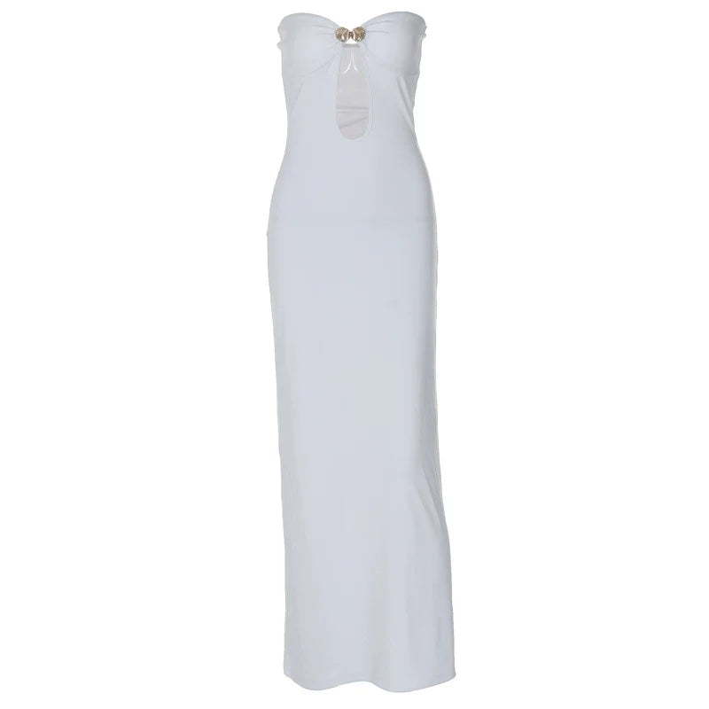 Wcoumq | Shell Buckle Tube Top Maxi Dress with Hollow Design and Slim Hip Fit