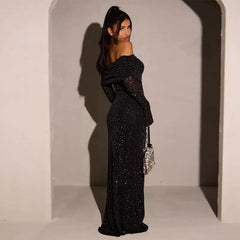 Wcoumq | Black Sequined One-Shoulder Maxi Dress for High-End Banquet and Evening Events