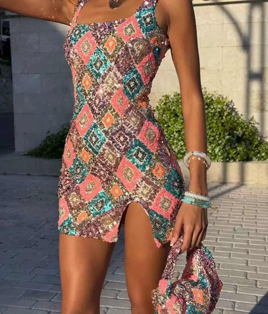 Wcoumq | Colorful Floral Rhombus Sequin Dress with Side Slit and Hip-Covering Design