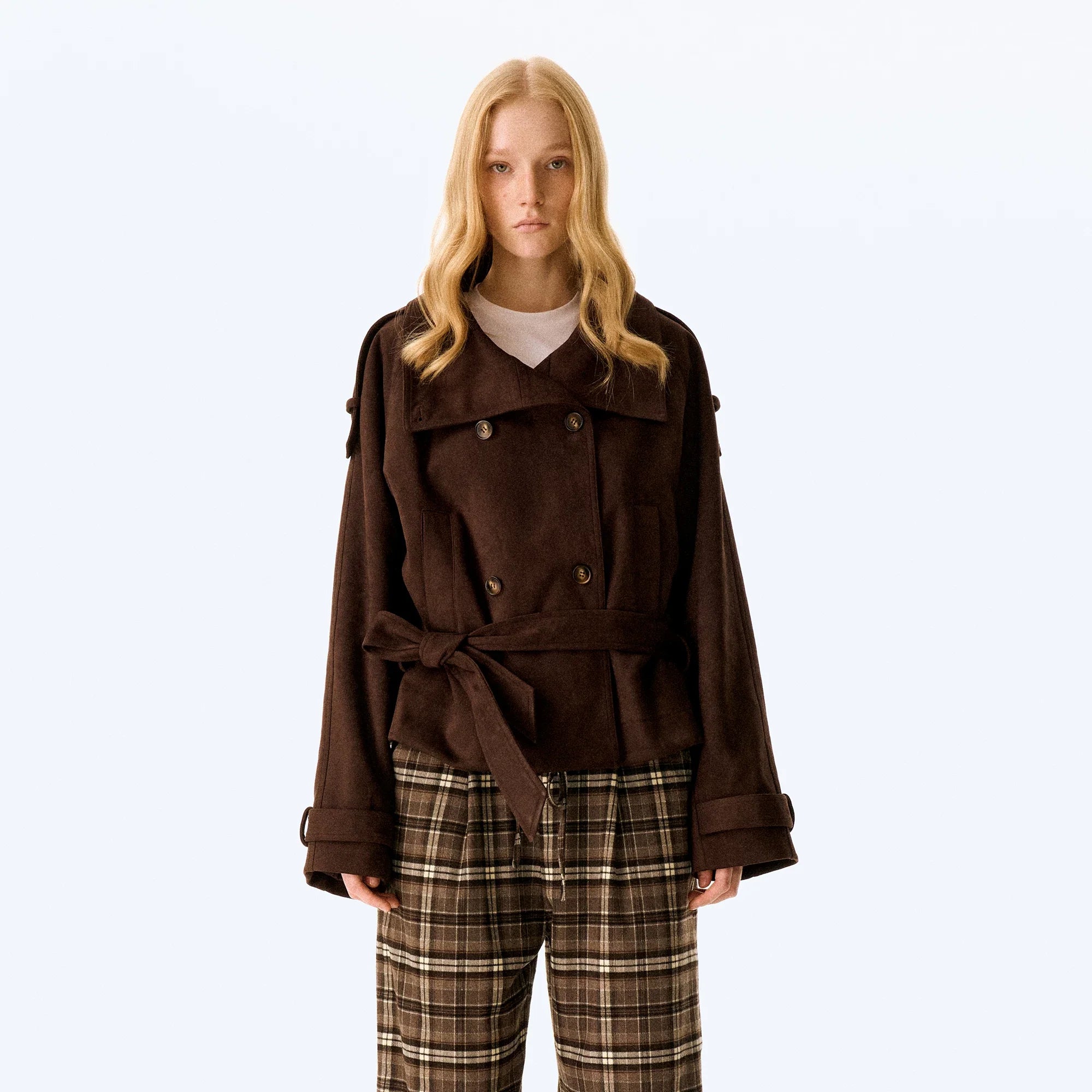 Wcoumq | Brown Velvet Suede Short Windbreaker Jacket – Retro-Inspired Elastic Waist Autumn & Winter Women’s Outerwear