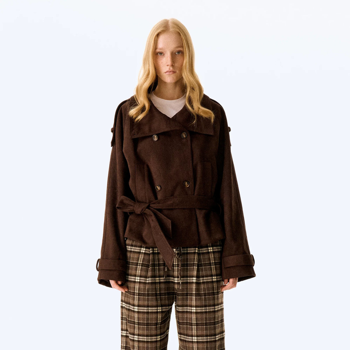 Wcoumq | Brown Velvet Suede Short Windbreaker Jacket – Retro-Inspired Elastic Waist Autumn & Winter Women’s Outerwear