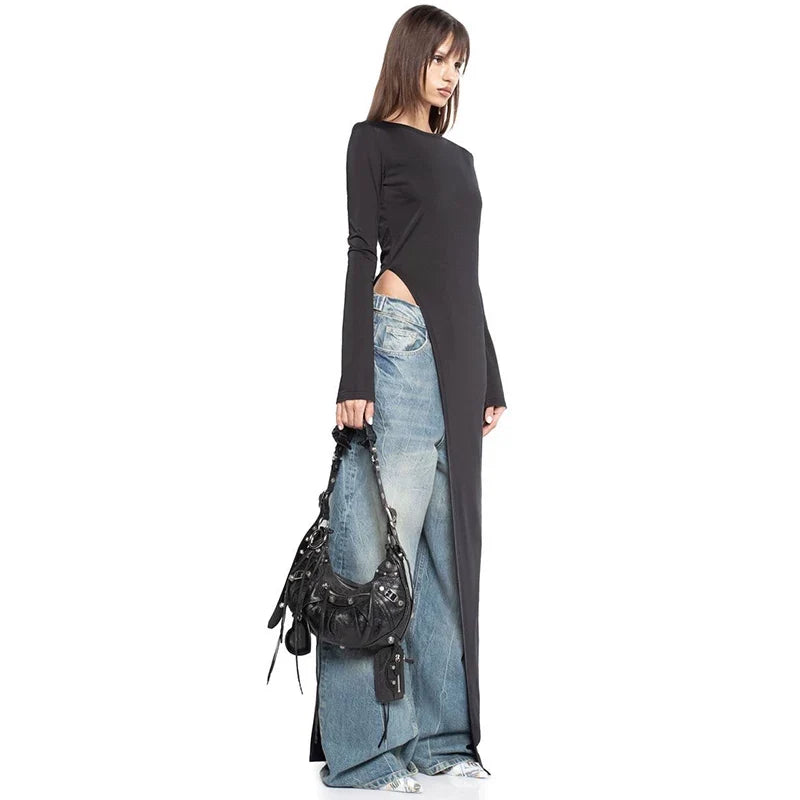 Wcoumq | Slit Design Long-Sleeve Mid-Length Top for Women – Trendy Gusty Street Fashion Hot Girl Style Irregular T-Shirt