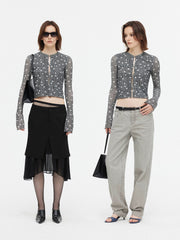 Wcoumq | Retro Printed Polka Dot Long-Sleeve Top & Knitted Short Cardigan Set – Stylish Women’s Outerwear