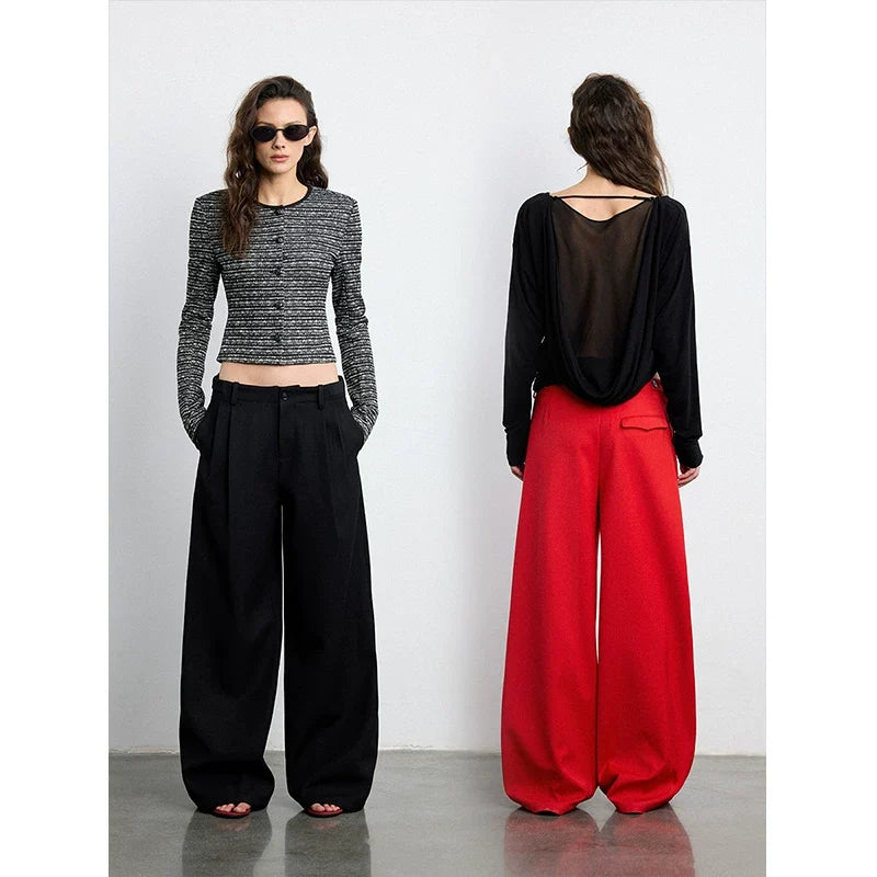 Wcoumq | Low-Waist Three-Dimensional Pleated Wide-Leg Drape Suit Pants – Stylish Women's High-Fashion Trousers