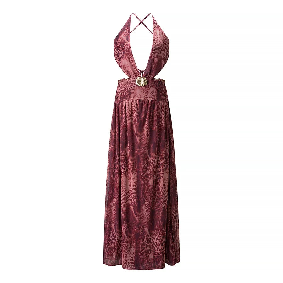 Wcoumq | Deep V Backless Halter Maxi Dress with Side Slit and Metal Accents