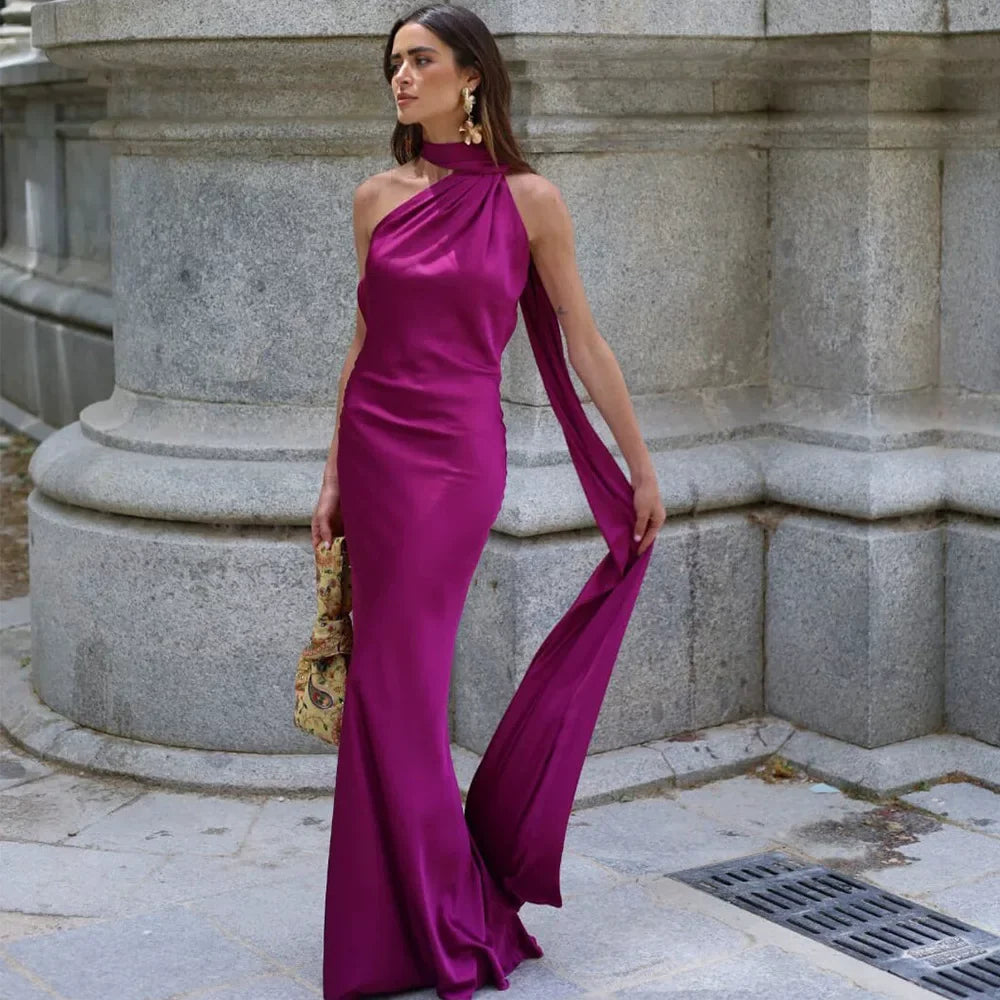 Wcoumq | Elegant Satin Floor-Length Dress with Neck Streamers and Backless Design