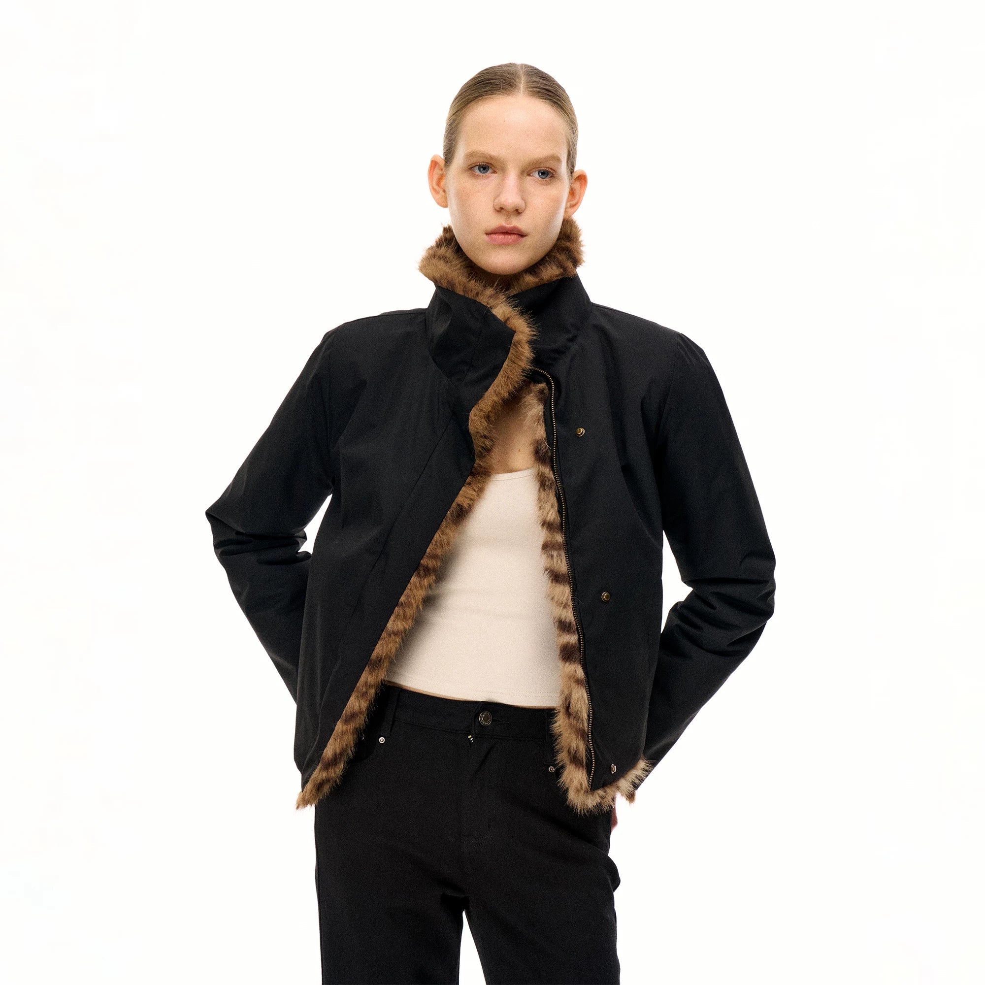 Wcoumq | Reversible Leopard Print Eco-Friendly Fur Jacket – Slim-Fitting Right-Shoulder Women’s Stylish Jersey Outerwear