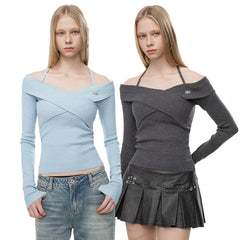 Wcoumq | Cross Lace-Up Slim-Fit Long Sleeve Knit Top for Autumn and Winter