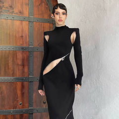 Wcoumq | Futuristic Zipper Hollow Long-Sleeve Slim Maxi Dress