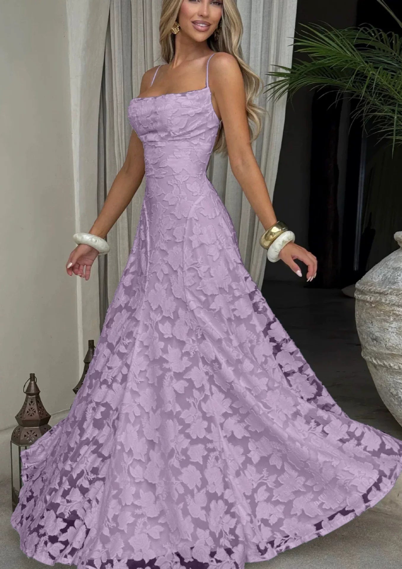 Wcoumq | Jacquard Floor-Length Square Neck Dress with Backless Straps and Slim Waist Design