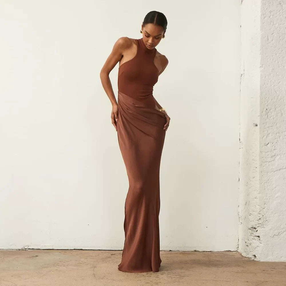 Wcoumq | Sleeveless Round Neck Long Dress with Hollow Splicing and Slim Fit
