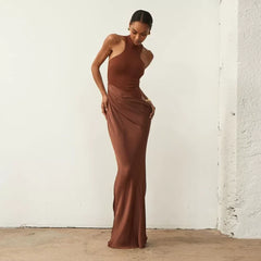 Wcoumq | Sleeveless Round Neck Long Dress with Hollow Splicing and Slim Fit