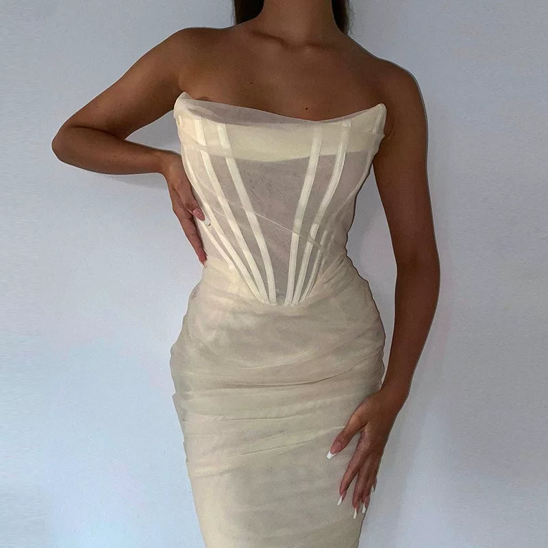 Wcoumq | Tube Top Mesh Dress with Fishbone Waist and Pleated Mid-Length Skirt