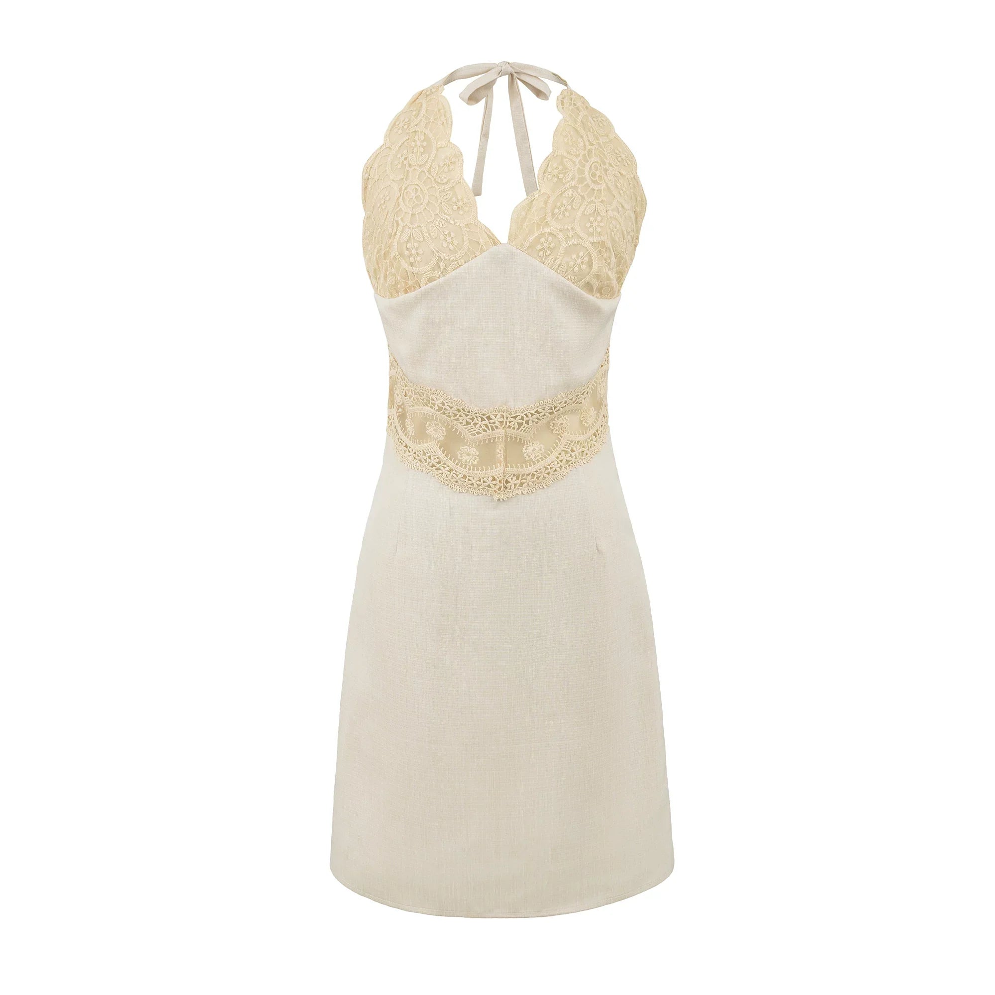 Wcoumq | Deep V Halter Neck Lace Splicing Maxi Dress with Slim Waist