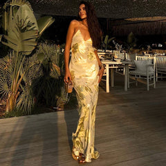 Wcoumq | Backless V-Neck Suspender Knee-Length Dress with High-Waist and Irregular Printed Design