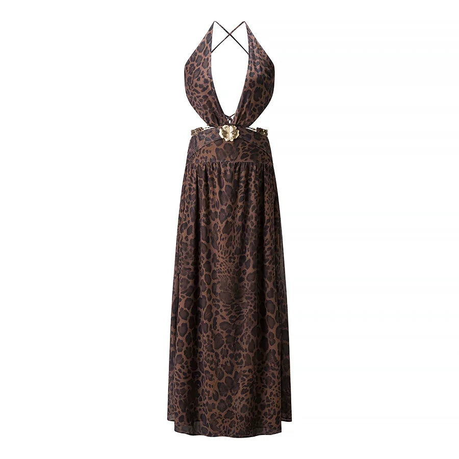 Wcoumq | Deep V Backless Halter Maxi Dress with Side Slit and Metal Accents