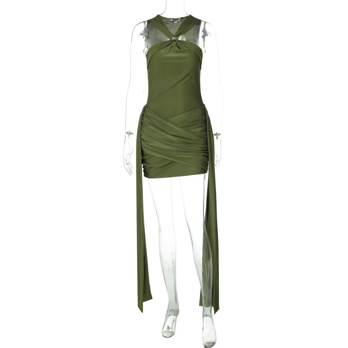 Wcoumq | Halter Neck Tube Top Mini Dress with Pleated Ribbon Waist Design