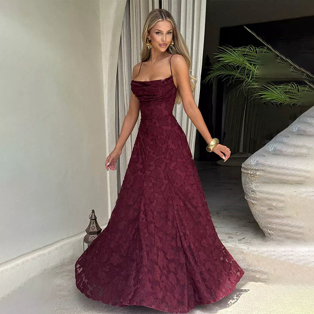Wcoumq | Jacquard Floor-Length Square Neck Dress with Backless Straps and Slim Waist Design