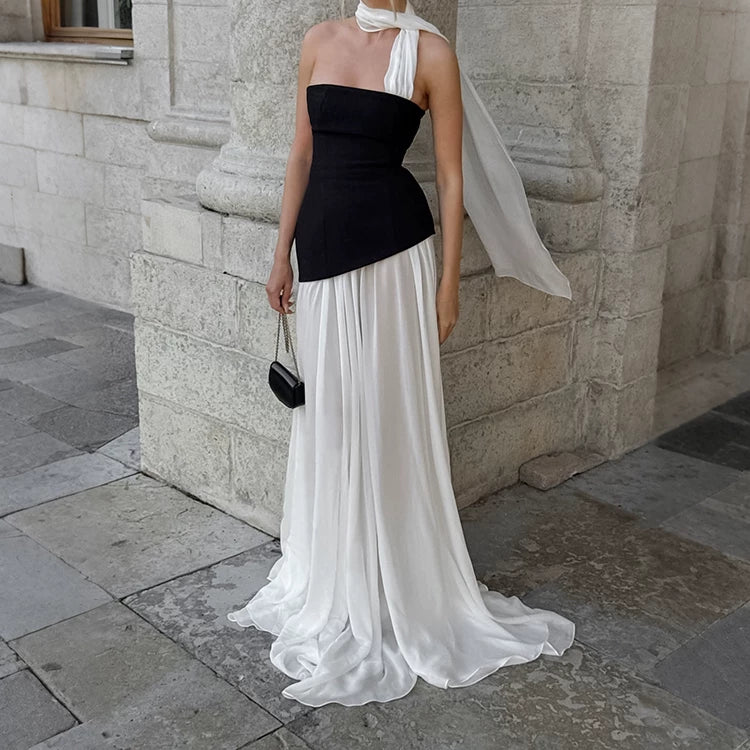 Wcoumq | Elegant Velvet Mesh Spliced Tube Top Dress with Slim Waist Long Skirt
