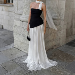 Wcoumq | Elegant Velvet Mesh Spliced Tube Top Dress with Slim Waist Long Skirt