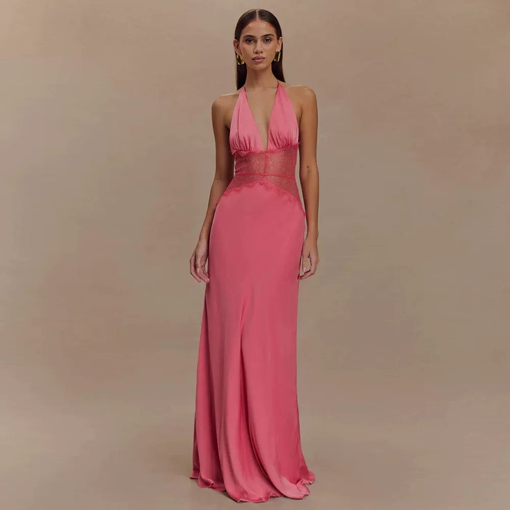 Wcoumq | Satin Halter Neck Deep V Long Dress with Spliced Waist for Spring & Summer