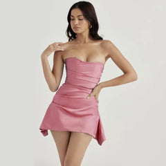 Wcoumq | One-Shoulder Tube Top Floral Satin Dress with Pleated Irregular Fishbone Design
