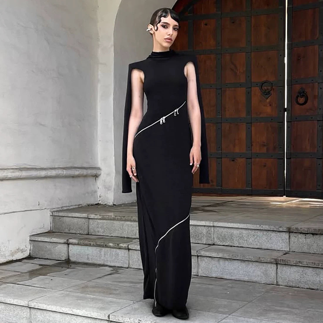 Wcoumq | Futuristic Zipper Hollow Long-Sleeve Slim Maxi Dress