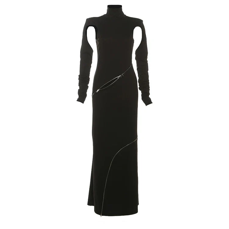 Wcoumq | Futuristic Zipper Hollow Long-Sleeve Slim Maxi Dress